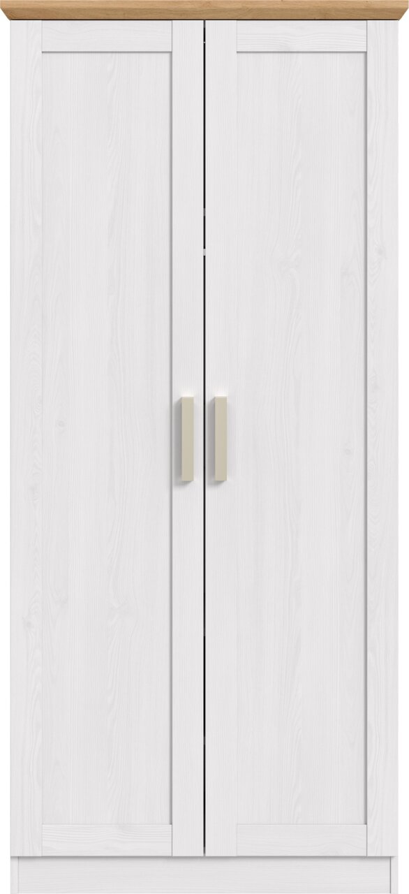 Zweitüriger Kleiderschrank in Weiß mit Holzkranz oben und zwei hellen Griffen, Frontalansicht