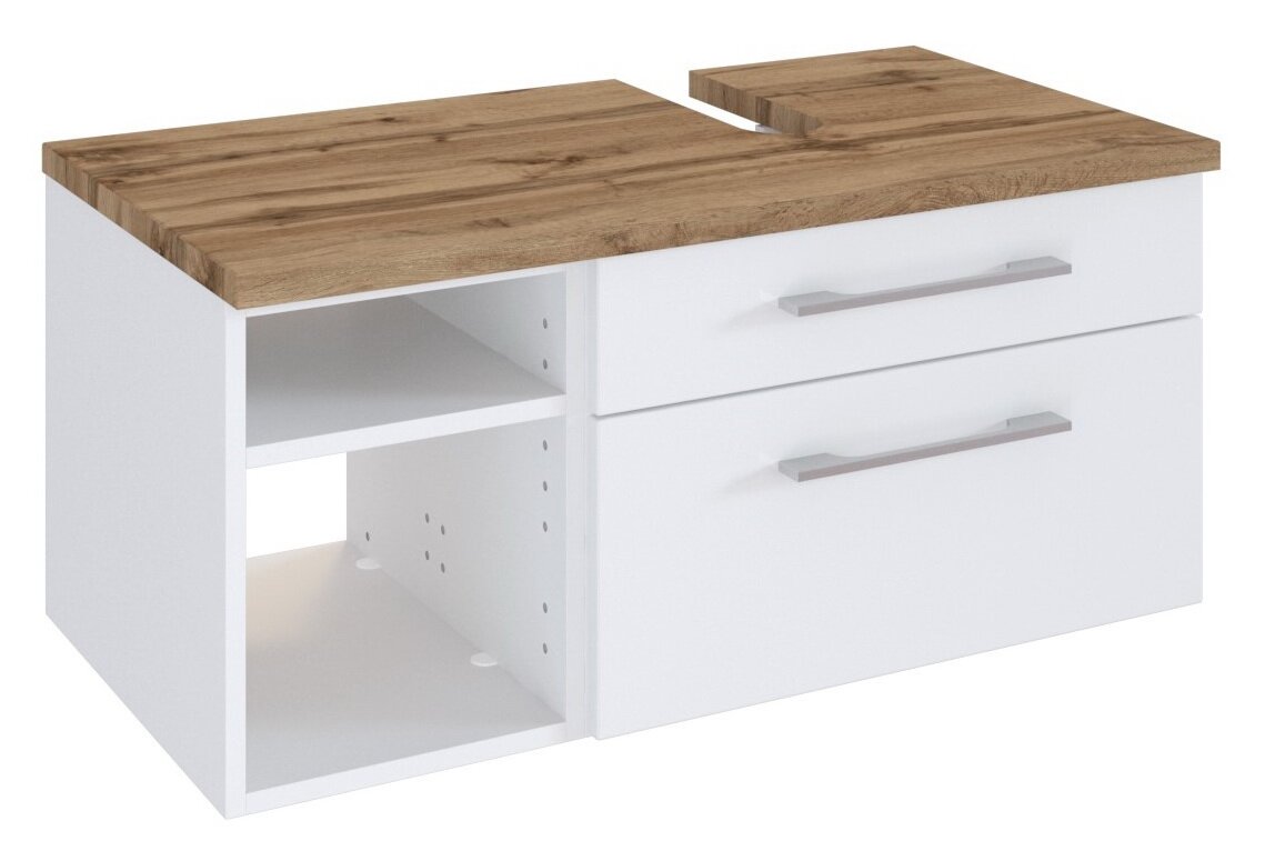 XORA Waschtischunterschrank rechts DAVOS Waschtischunterschrank mit zwei Schubladen und offenem Fach, Holzoptik von oben betrachtet