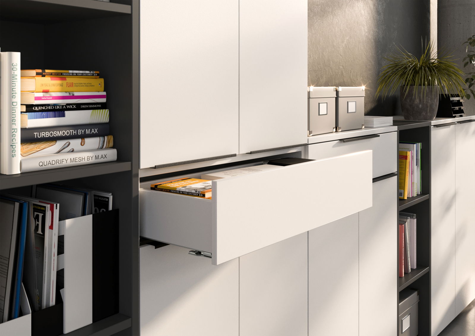 Büroschrank mit geöffnetem Schubfach, seitliche Perspektive