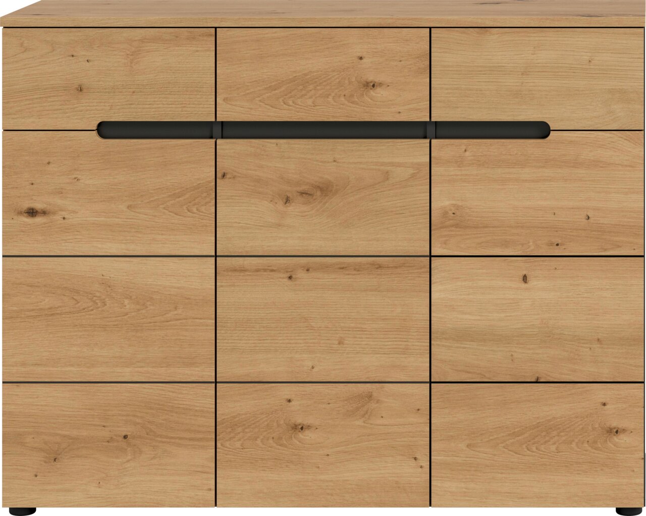 Frontansicht einer modernen Holzkommode in Eiche-Optik mit mehreren Schubladen und durchgehendem schwarzen Griffband