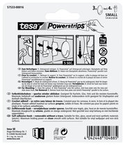 Rückseite der Verpackung von tesa Powerstrips Haken Small, zeigt Anweisungen zur Befestigung und Entfernung, geeignet für glatte Oberflächen, maximale Tragkraft 1 kg, Perspektive von hinten.