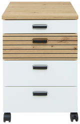 Frontansicht eines Rollcontainers mit Holz- und Weißoptik, vier Schubladen und Rollen.