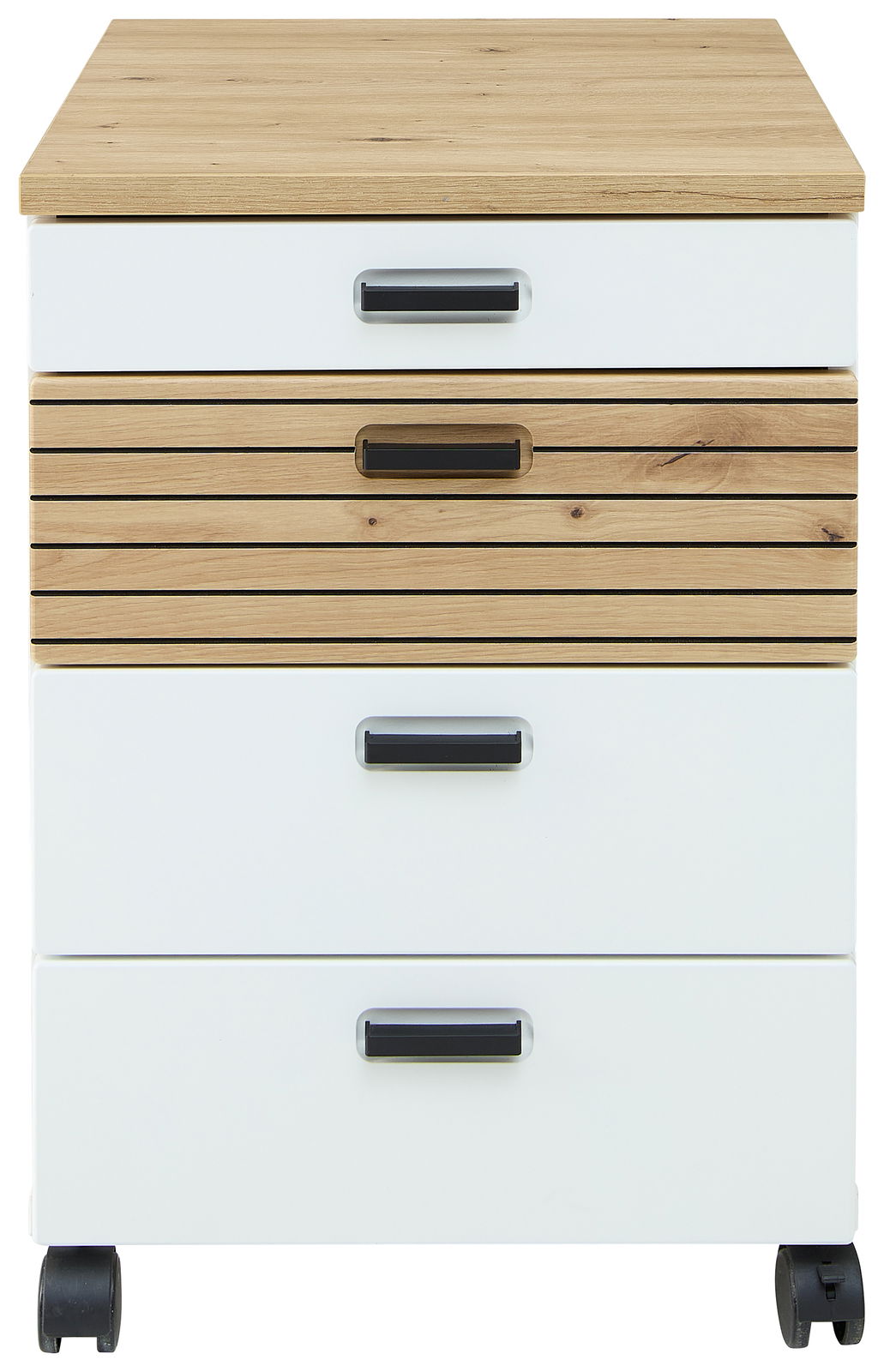 Frontansicht eines Rollcontainers mit Holz- und Weißoptik, vier Schubladen und Rollen.