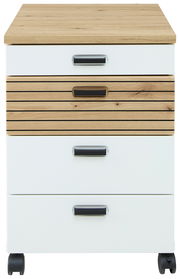 Frontansicht eines Rollcontainers mit Holz- und Weißoptik, vier Schubladen und Rollen.