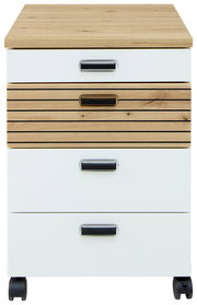 Frontansicht eines Rollcontainers mit Holz- und Weißoptik, vier Schubladen und Rollen.