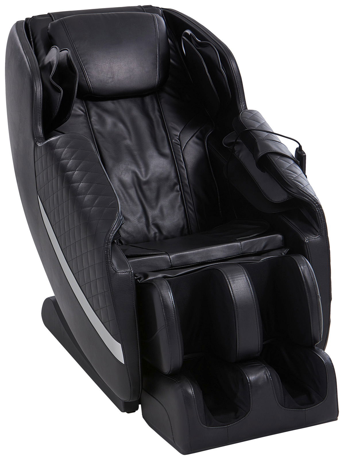 Schwarzer Massagesessel aus Leder, Vorderansicht, mit ergonomischem Design und gepolsterten Armlehnen.