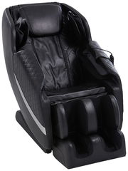 Schwarzer Massagesessel aus Leder, Vorderansicht, mit ergonomischem Design und gepolsterten Armlehnen.