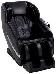 Schwarzer Massagesessel aus Leder, Vorderansicht, mit ergonomischem Design und gepolsterten Armlehnen.