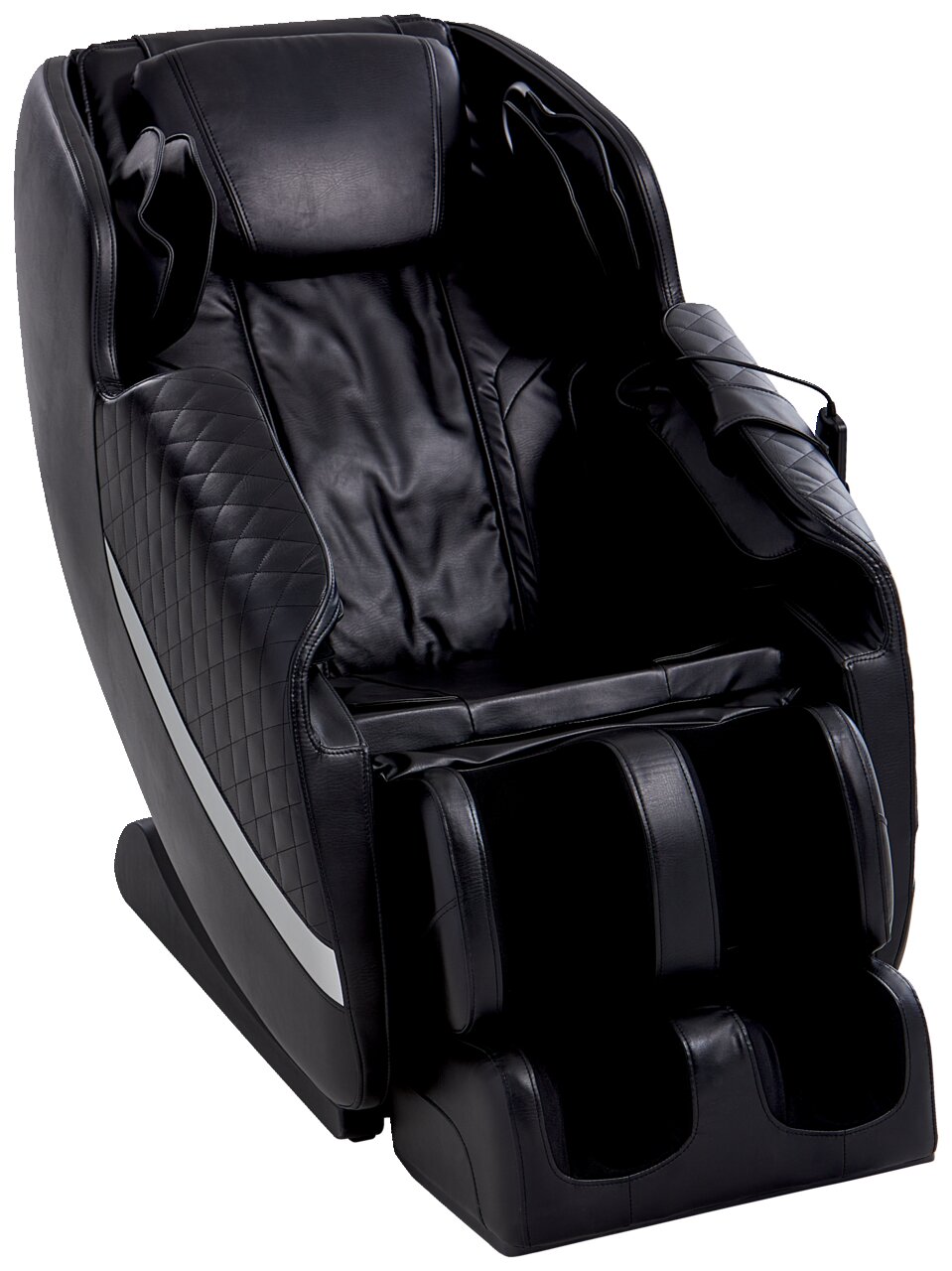 Schwarzer Massagesessel aus Leder, Vorderansicht, mit ergonomischem Design und gepolsterten Armlehnen.