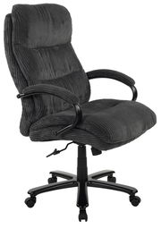 Schwarzer Chefsessel aus Stoff mit Armlehnen und Rollen, seitliche Perspektive