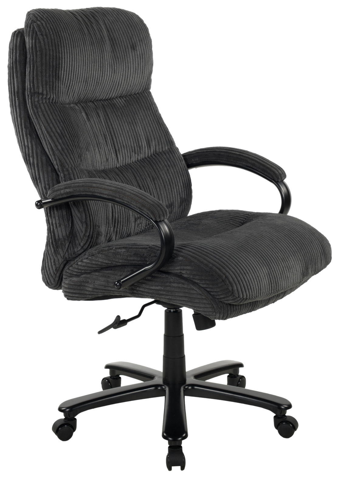 Schwarzer Chefsessel aus Stoff mit Armlehnen und Rollen, seitliche Perspektive