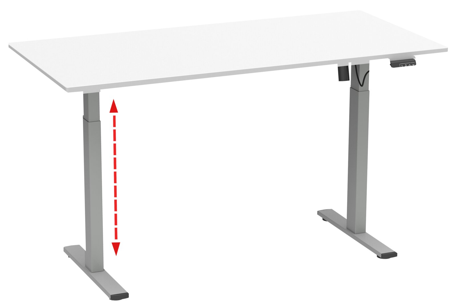 Höhenverstellbarer Schreibtisch mit weißer Tischplatte und grauem Metallgestell, seitliche Perspektive in leicht schräger Ansicht, roter Pfeil zeigt die Höhenverstellung.