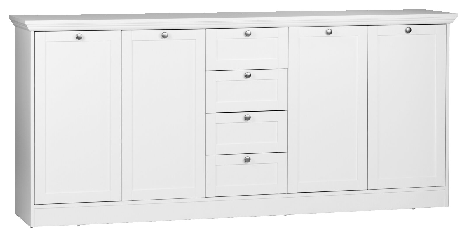 Weißes Sideboard mit fünf Türen und vier Schubladen, frontale Ansicht