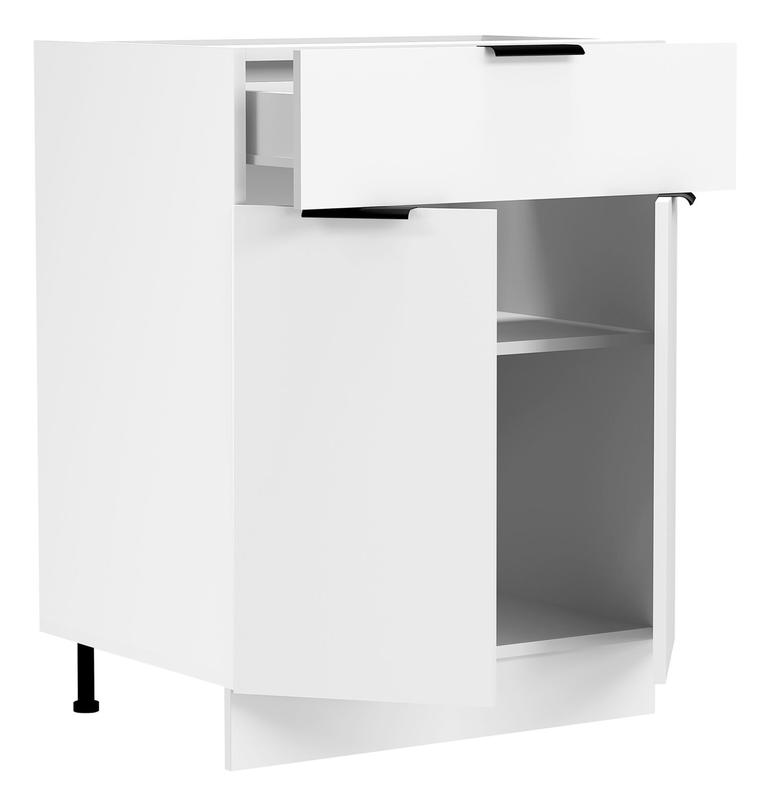 VCM Unterschrank Schublade 60 cm FASOLA Weißer Küchen-Unterschrank mit teilausgezogener Schublade und offenem Fach, schwarze Griffe, Ansicht schräg von vorn rechts