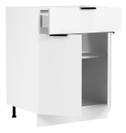 Weißer Küchen-Unterschrank mit teilausgezogener Schublade und offenem Fach, schwarze Griffe, Ansicht schräg von vorn rechts