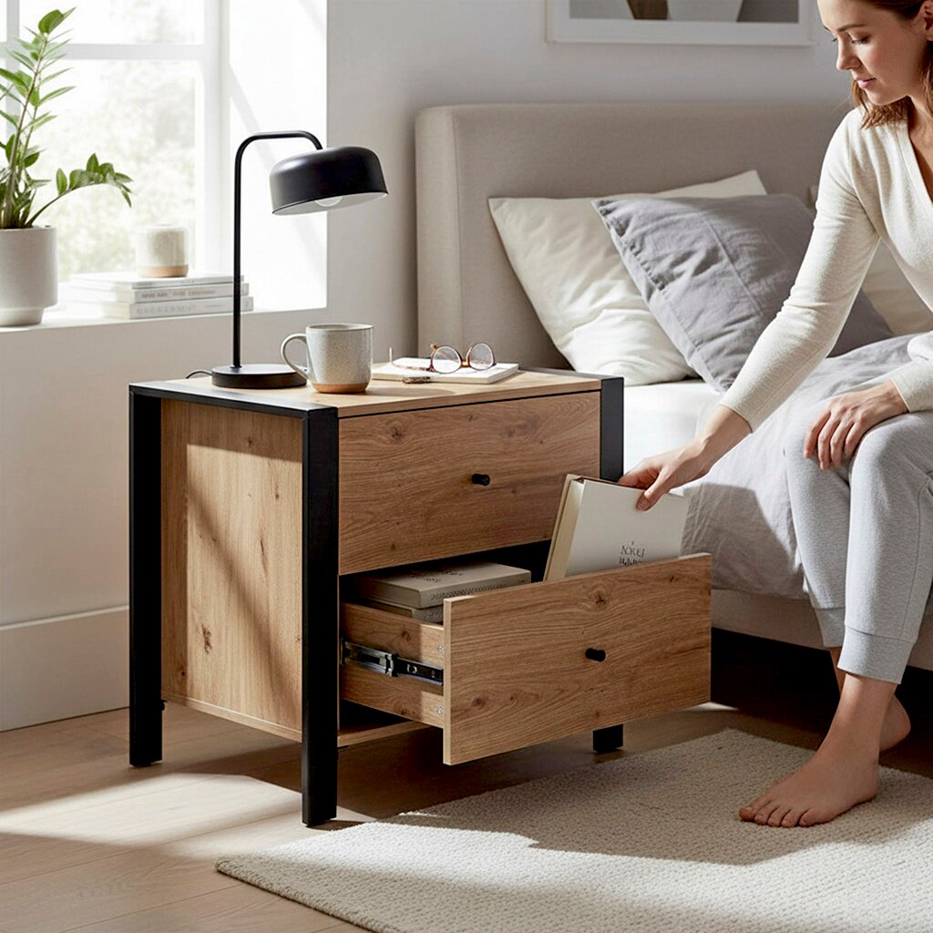 Moderner Nachttisch aus Holz mit schwarzem Metallrahmen und zwei Schubladen neben einem Bett, eine Schublade geöffnet; Ansicht schräg von vorne auf Augenhöhe.