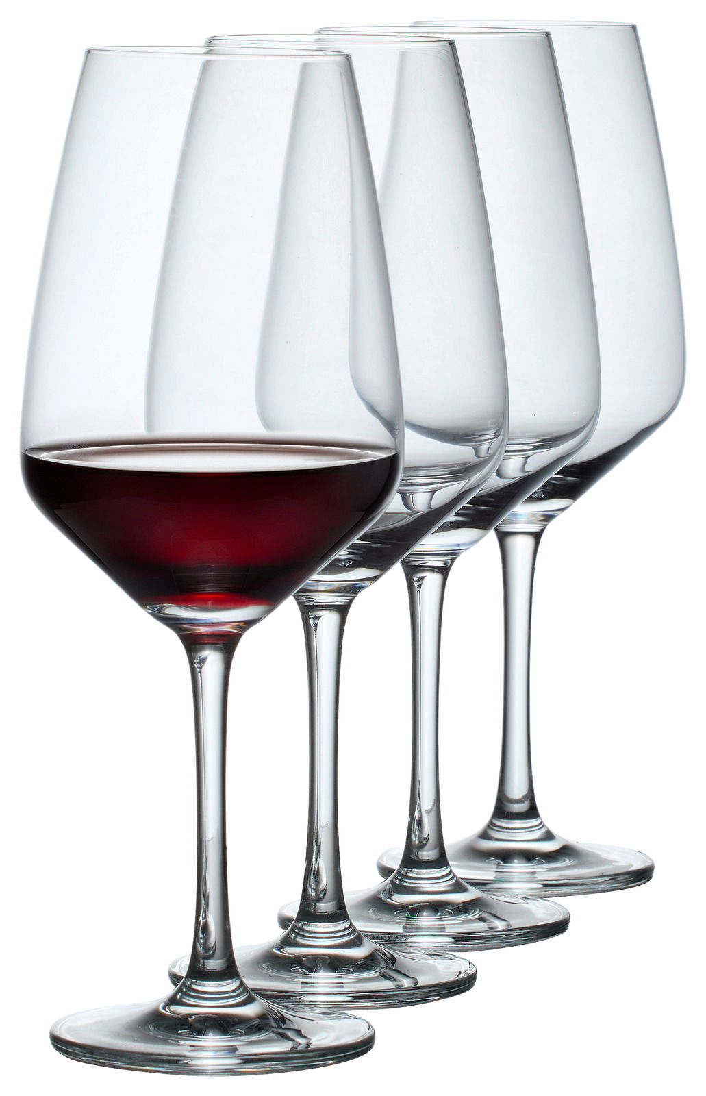 Fünf elegante Weingläser in einer Reihe, eines davon mit Rotwein gefüllt, seitliche Perspektive.