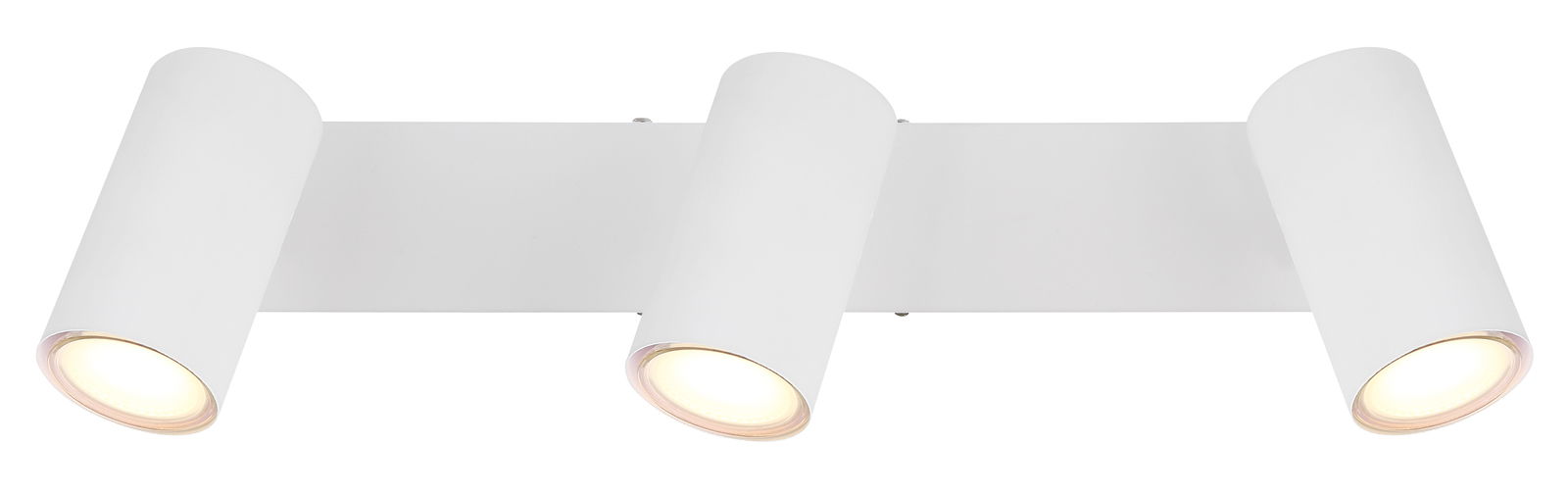 Moderner weißer Deckenstrahler mit drei zylindrischen Leuchten, seitliche Perspektive