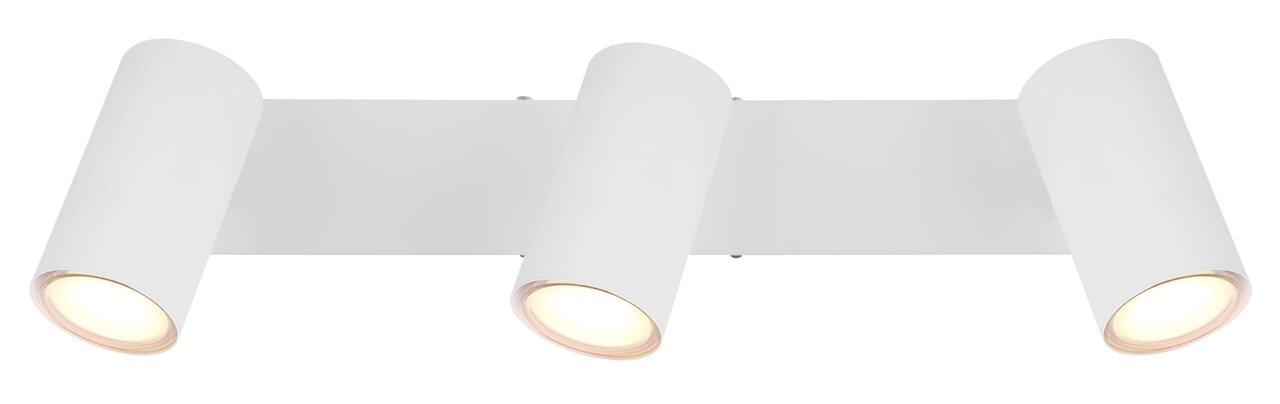 Moderner weißer Deckenstrahler mit drei zylindrischen Leuchten, seitliche Perspektive