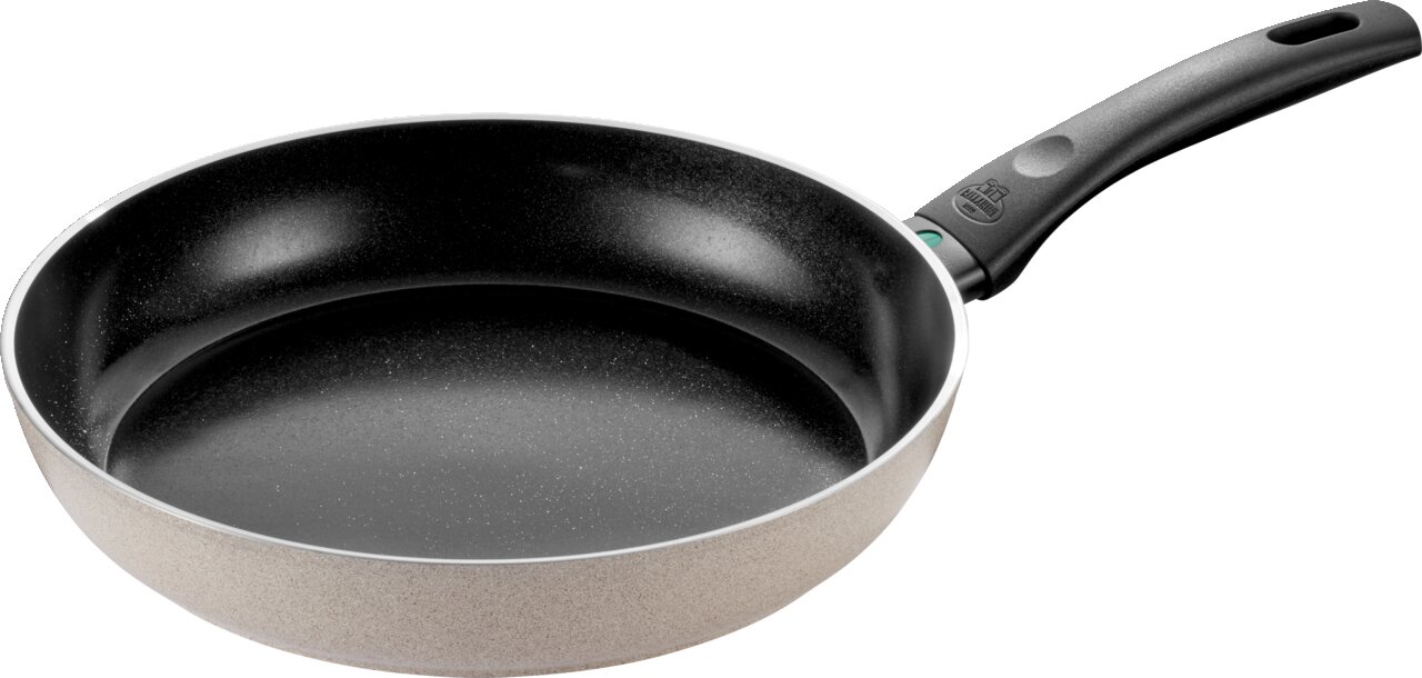 Bratpfanne mit 28 cm Durchmesser, seitliche Perspektive, schwarzer Griff und antihaftbeschichtete Innenfläche