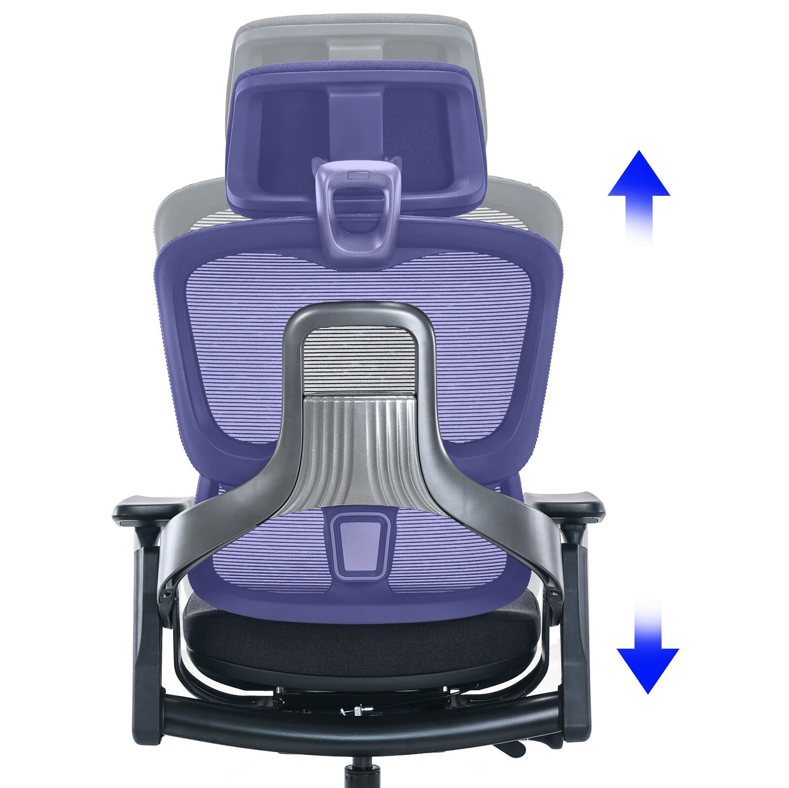 Rückansicht eines ergonomischen Drehstuhls mit verstellbarer Rückenlehne und Kopfstütze.