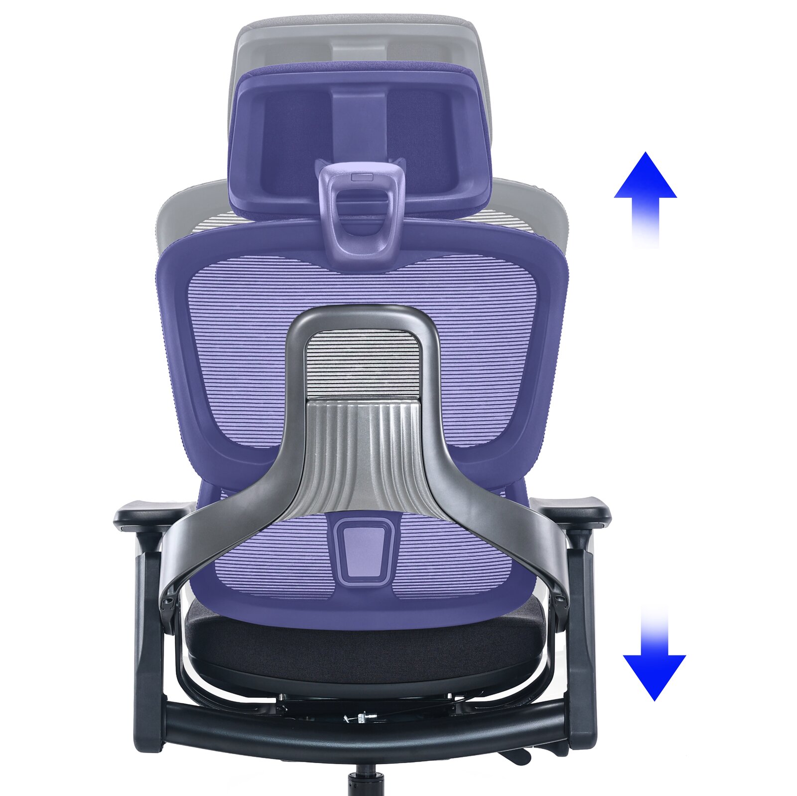 Rückansicht eines ergonomischen Drehstuhls mit verstellbarer Rückenlehne und Kopfstütze.