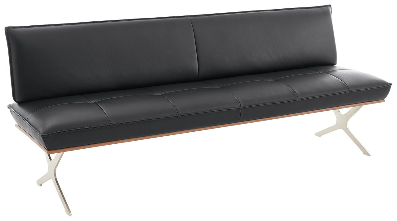 Schwarze dreisitzige Bank mit Metallbeinen, seitliche Perspektive