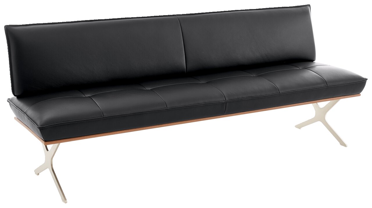 Schwarze dreisitzige Bank mit Metallbeinen, seitliche Perspektive