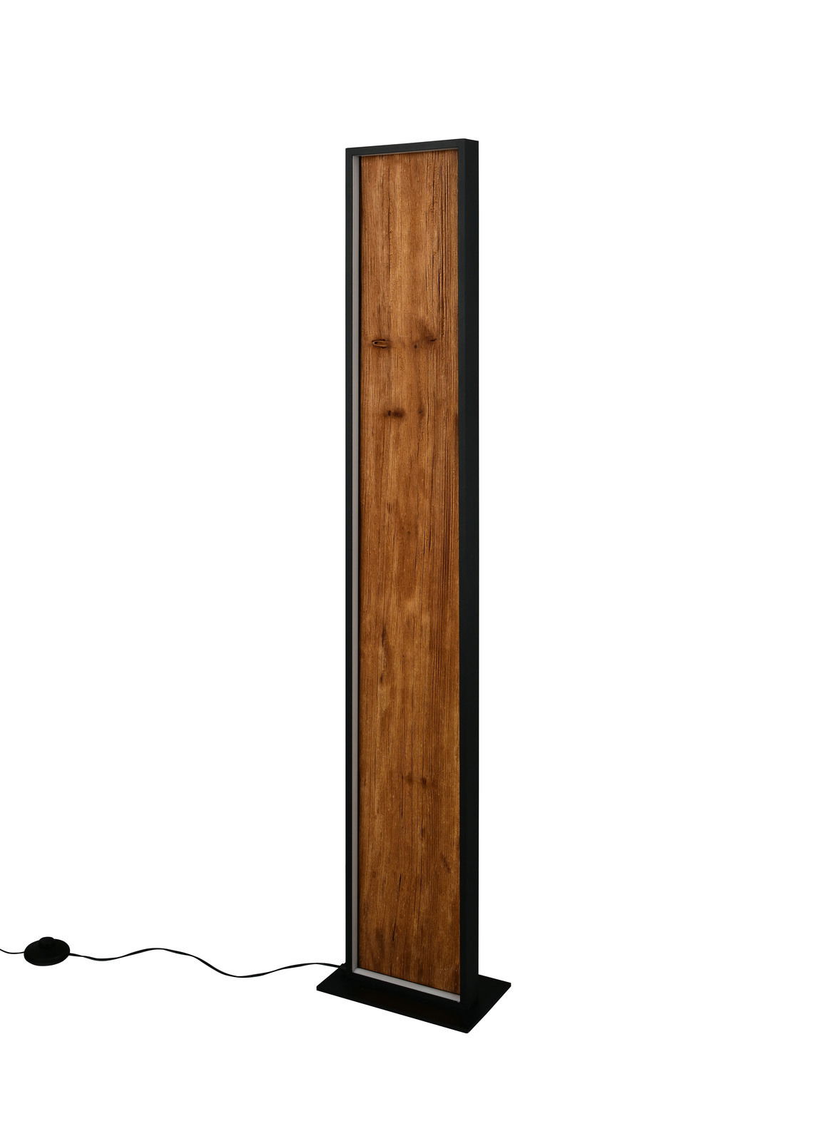 Moderne Stehleuchte mit rechteckigem Holzpaneel und schwarzem Rahmen, seitliche Perspektive