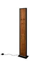Moderne Stehleuchte mit rechteckigem Holzpaneel und schwarzem Rahmen, seitliche Perspektive
