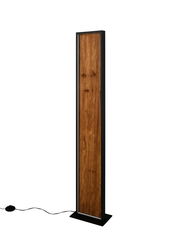 Moderne Stehleuchte mit rechteckigem Holzpaneel und schwarzem Rahmen, seitliche Perspektive