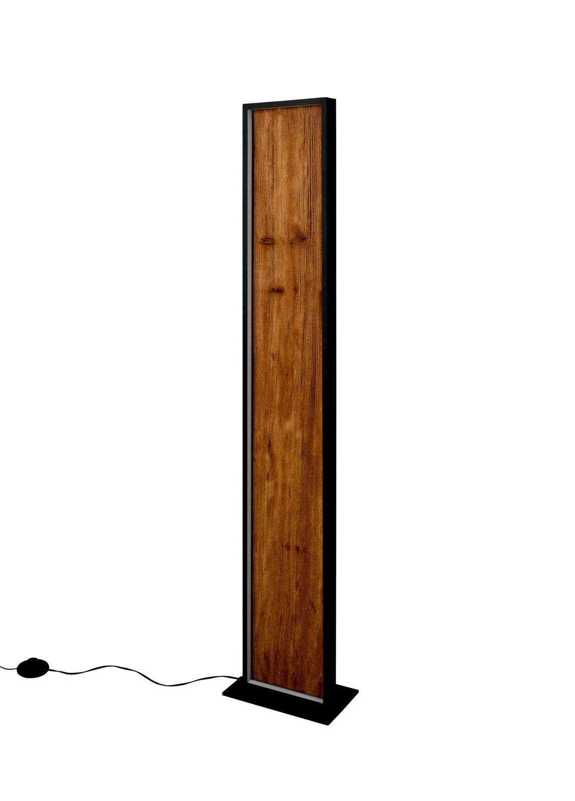 Moderne Stehleuchte mit rechteckigem Holzpaneel und schwarzem Rahmen, seitliche Perspektive