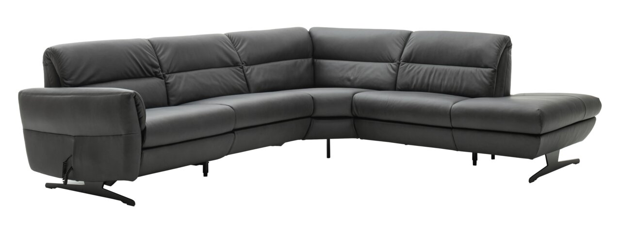 Eckgarnitur in dunklem Leder, seitliche Perspektive