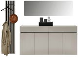Garderoben-Set in Kaschmir mit modernem Design, bestehend aus einem breiten Spiegel, einer Kommode und einer Garderobenleiste mit Haken, frontal betrachtet.