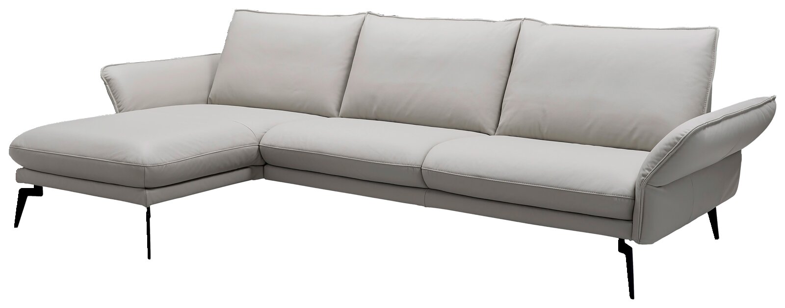 Graues Longchair-Sofa mit drei Sitzplätzen und einer linken Armlehne, seitliche Perspektive