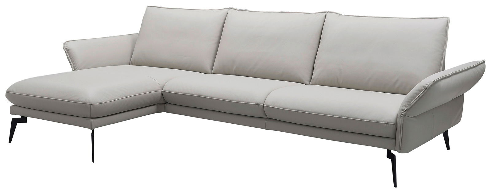 Graues Longchair-Sofa mit drei Sitzplätzen und einer linken Armlehne, seitliche Perspektive