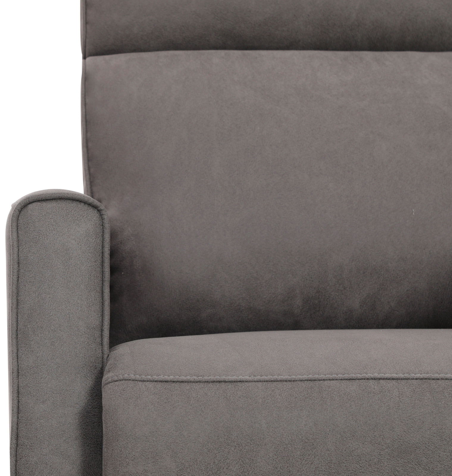 Nahaufnahme eines grauen Sofas mit Armlehne, Vorderansicht