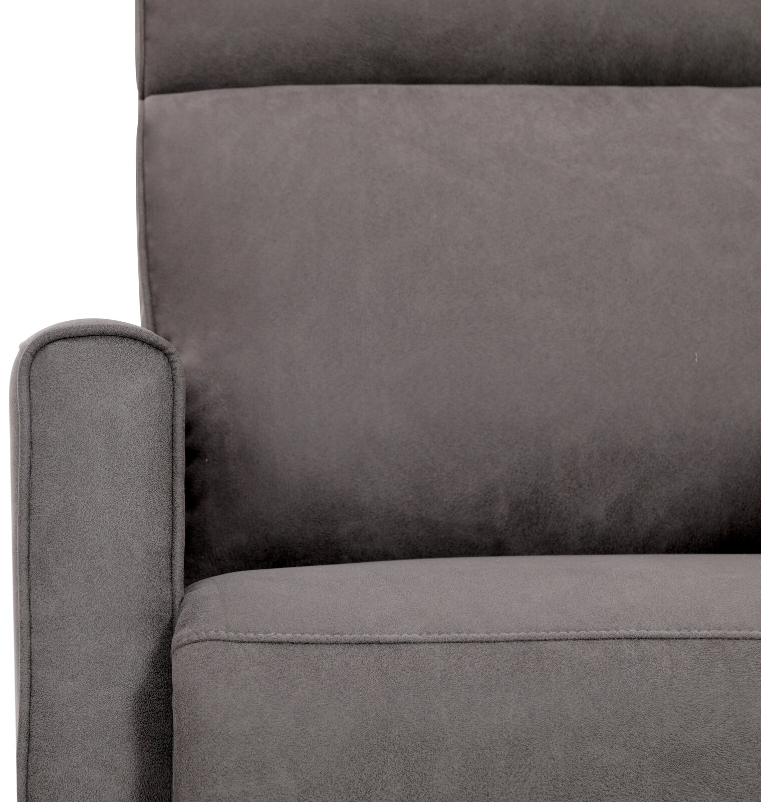 Nahaufnahme eines grauen Sofas mit Armlehne, Vorderansicht