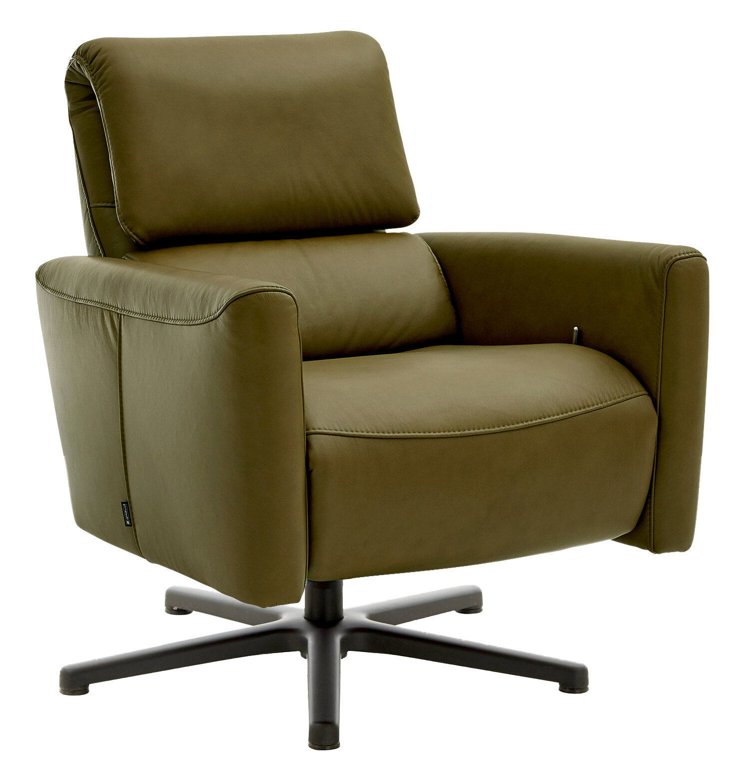 Musterring Relaxsessel MR 261 Moderner olivgrüner Relaxsessel mit gepolstertem Sitz und Rückenlehne, auf einem schwarzen Drehfuß, seitliche Perspektive.