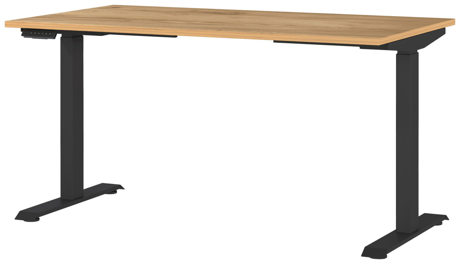 Elektrisch höhenverstellbarer Schreibtisch mit Holzplatte und schwarzen Metallbeinen, seitliche Perspektive