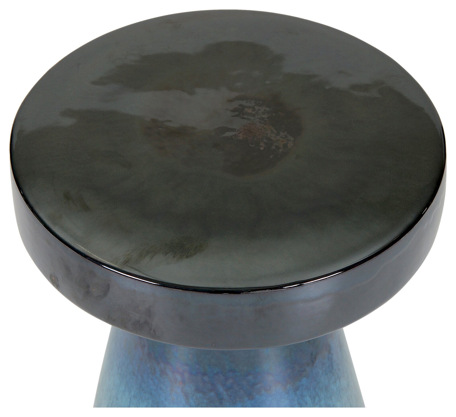 Runder, glänzender schwarzer Tischhocker/Beistelltisch mit zylindrischer Form und leicht konischem Fuß, Draufsicht leicht schräg von oben