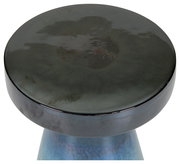 Runder, glänzender schwarzer Tischhocker/Beistelltisch mit zylindrischer Form und leicht konischem Fuß, Draufsicht leicht schräg von oben