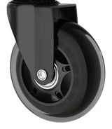 Nahaufnahme einer schwarzen Hartbodenrolle mit Metalllager, seitliche Perspektive