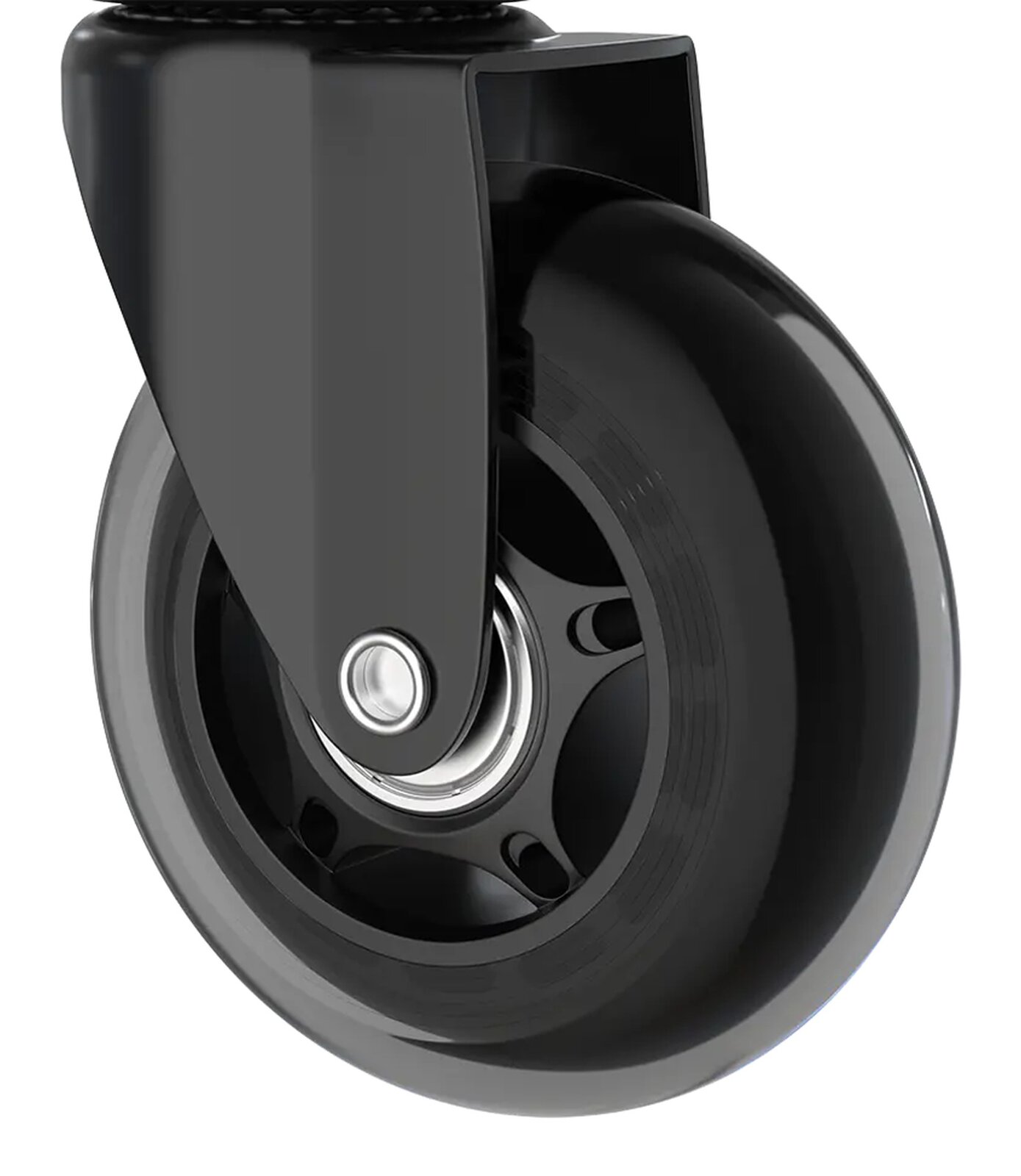 DX Racer 5er Hartbodenrollen-SetDX RACER ZUBEHÖR Nahaufnahme einer schwarzen Hartbodenrolle mit Metalllager, seitliche Perspektive