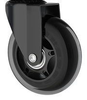 Nahaufnahme einer schwarzen Hartbodenrolle mit Metalllager, seitliche Perspektive