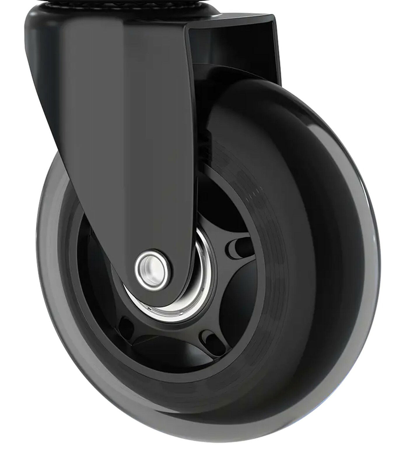 Nahaufnahme einer schwarzen Hartbodenrolle mit Metalllager, seitliche Perspektive