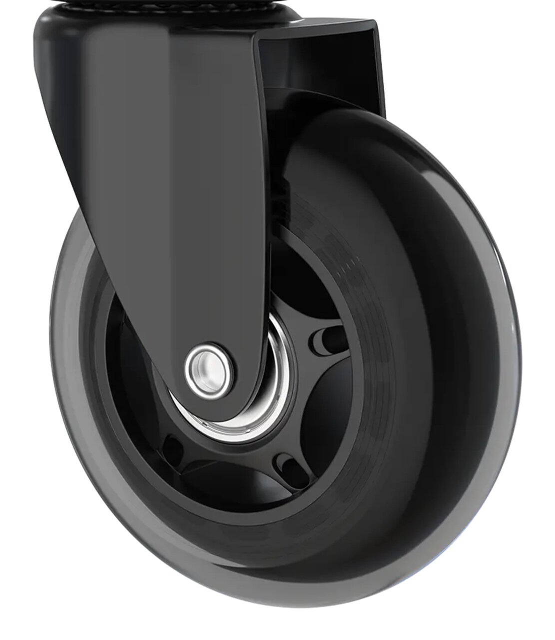 DX Racer Set van 5 wieltjes voor harde vloerenDX RACER ZUBEHÖR Close-up van een zwarte rol voor harde vloeren met metalen lager, zijaanzicht
