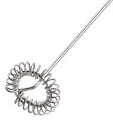 Nahaufnahme eines Edelstahl-Milchaufschäumers mit spiralförmigem Quirl.
