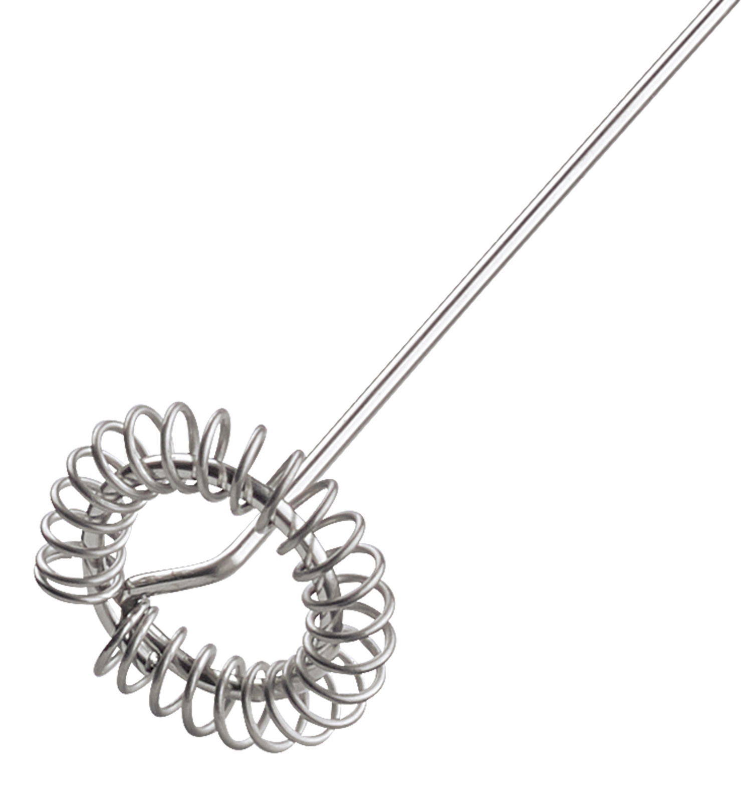 Nahaufnahme eines Edelstahl-Milchaufschäumers mit spiralförmigem Quirl.
