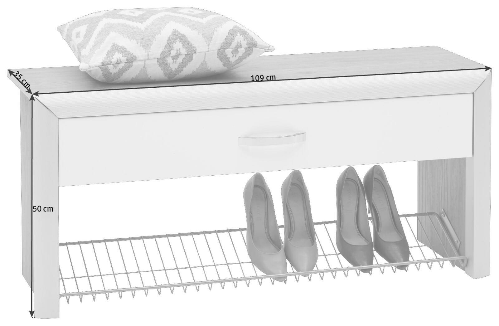 Weiße Bank mit Schuhablage und Kissen, seitliche Perspektive